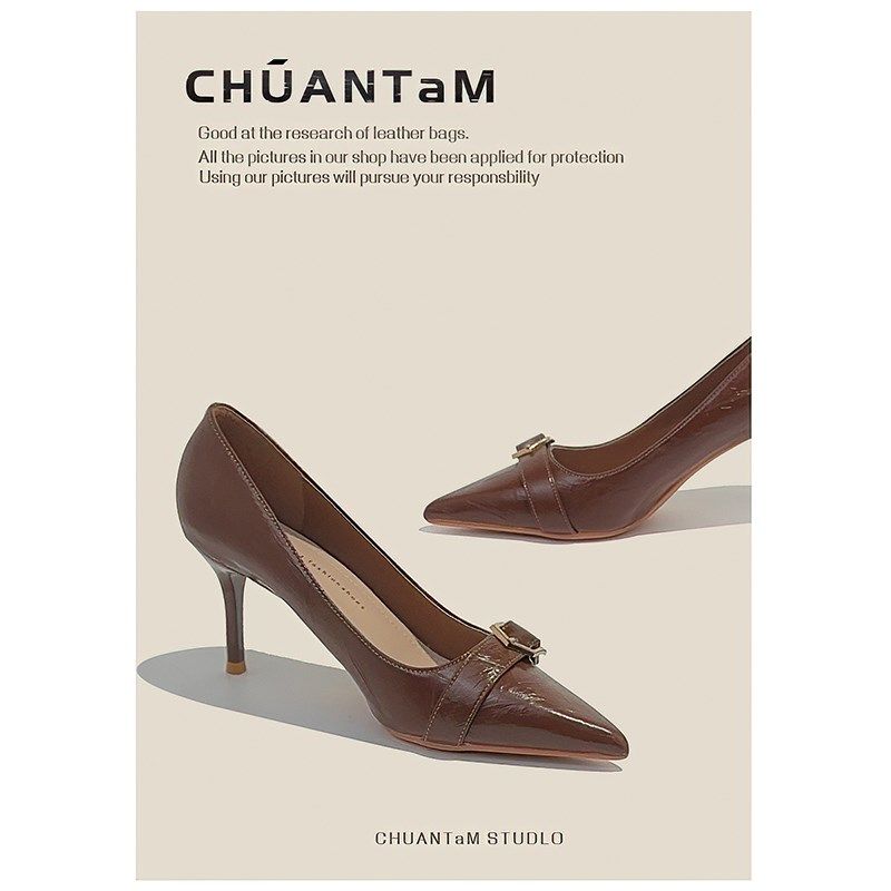 棕色高跟鞋女细跟2025春秋新款皮带扣尖头中跟单鞋时尚百搭宴会鞋,女鞋,浅口单鞋,淘宝优惠券,粉丝福利购,淘宝优惠卷