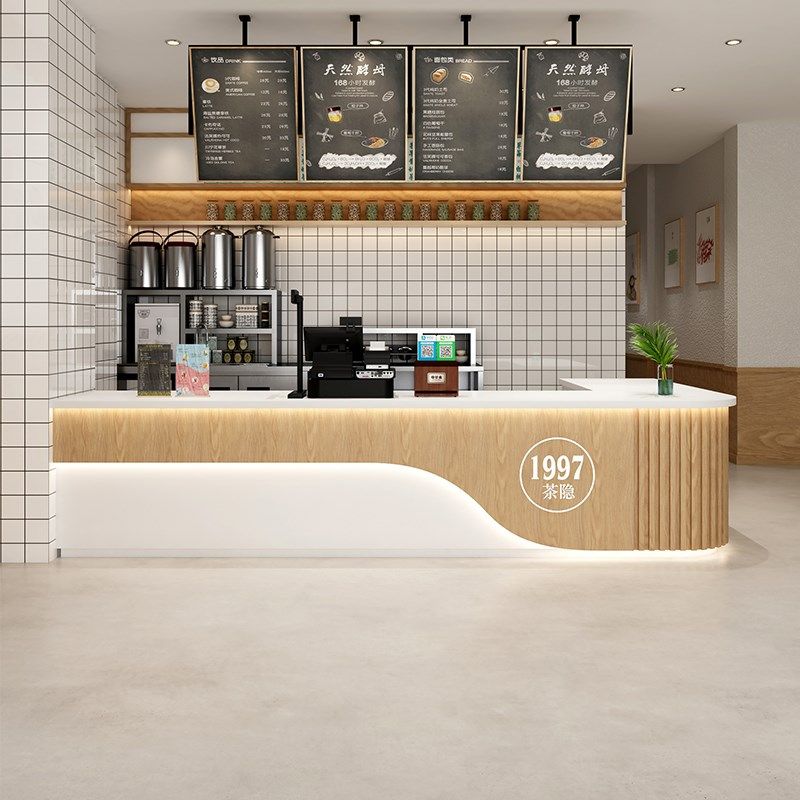 简约奶茶店咖啡厅吧台水果甜品店超市收银台转角前台桌接待台定制