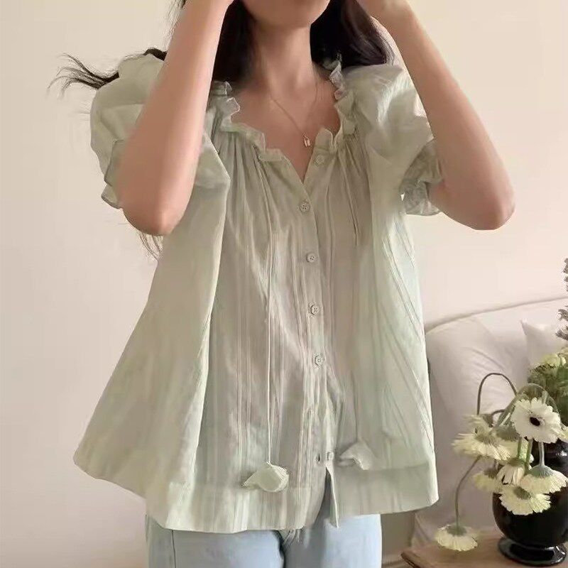 韩国chic夏h季新款温柔小清新花瓣抽绳木耳边设计宽松泡泡袖衬衫