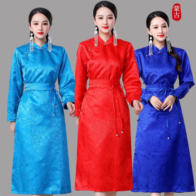 蒙古服装女长款传统蒙古袍手工盘扣日常女士Q生活装少数民族服饰