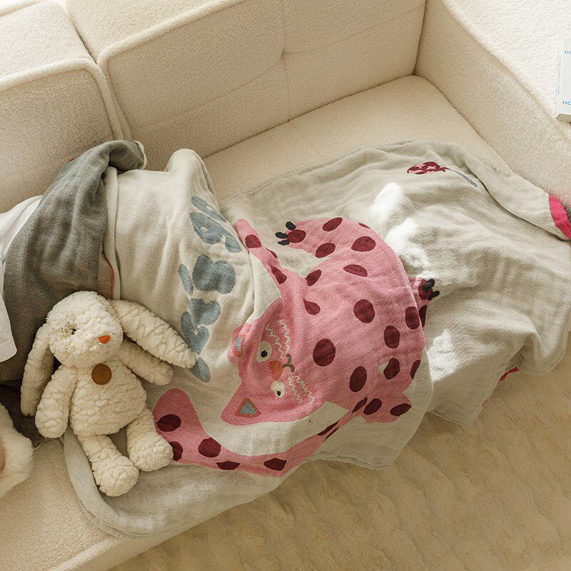 粉斑点猫A类有氧四层棉纱色织提花全棉纱布浴巾盖毯夏被空调毯子
