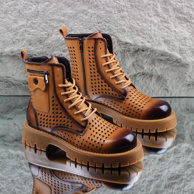 镂空马丁靴男鞋2024夏季透气薄款高帮机车靴子男士厚底内增高短靴