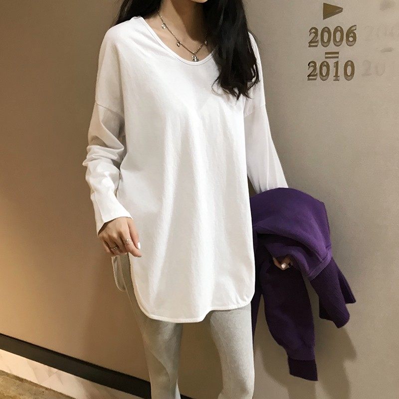 秋冬宽松纯棉白色长袖内搭打底衫女加F绒磨毛中长款开叉大码t恤女
