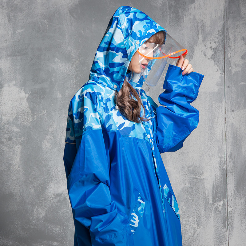 迷彩雨衣长款加长遮脚电动车雨衣双帽檐男女有袖拉链前开风衣式