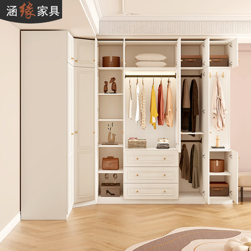 -奶油风转角衣柜家用卧室墙角柜L型拐角衣橱衣帽间柜W自由组合柜.