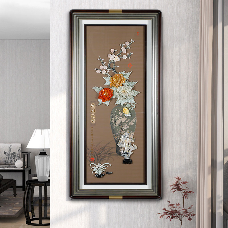 新中式入户玄关画走廊过道竖版简约5d立体装饰画玉雕画灯光画