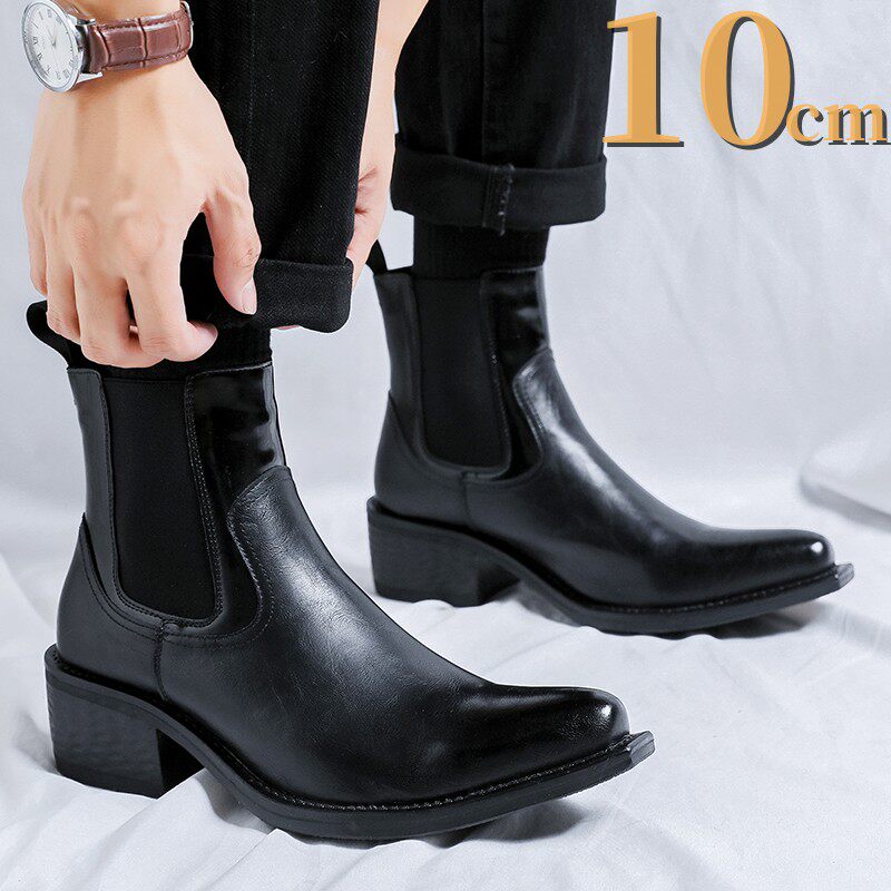 新款高级感靴子男冬尖头个性增高时装靴套筒高帮发型师皮鞋