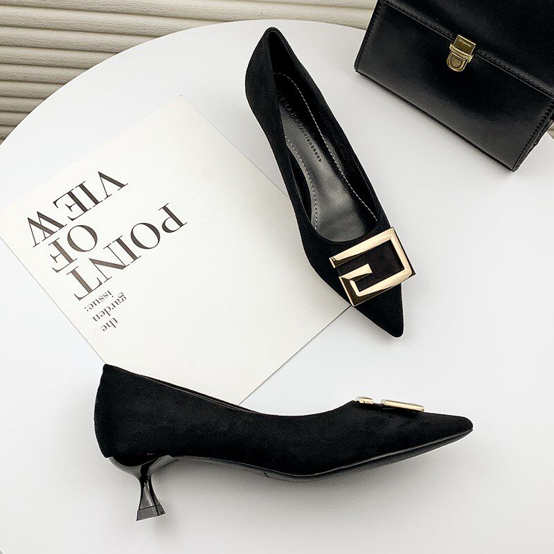 黑色高跟鞋女低跟2024年新款春季款职业尖头工Q作浅口通勤单鞋细
