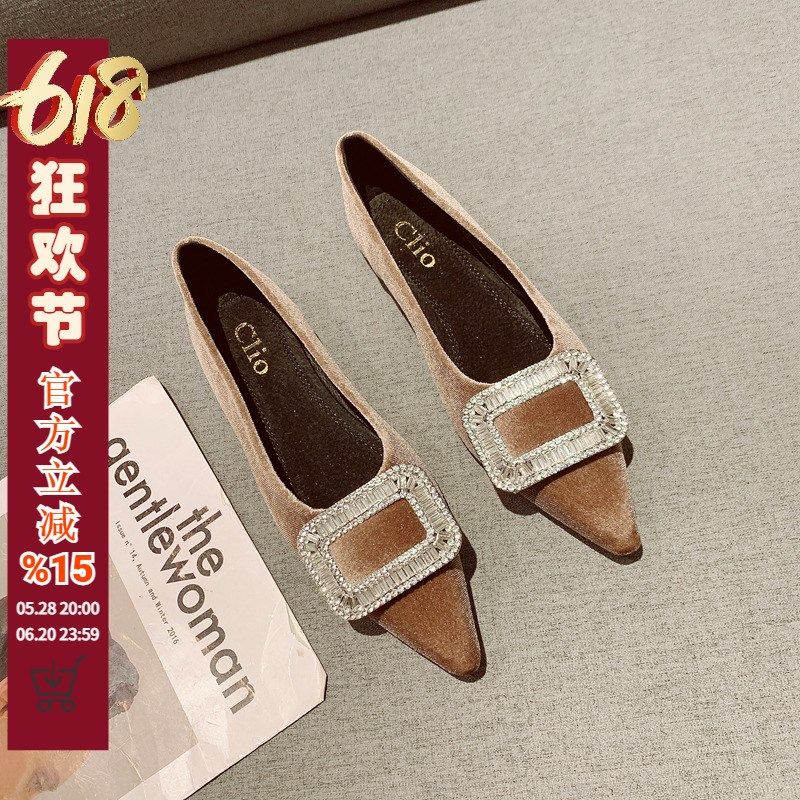 洋气茶色尖头单鞋绒面ins平跟女鞋2025秋新款水钻方扣浅口平底鞋,女鞋,浅口单鞋,淘宝优惠券,粉丝福利购,淘宝优惠卷