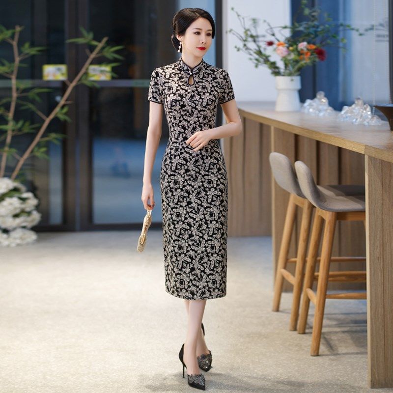 夏季新款旗袍改良连衣裙中年女妈妈复古中长款日常小个子短袖礼服