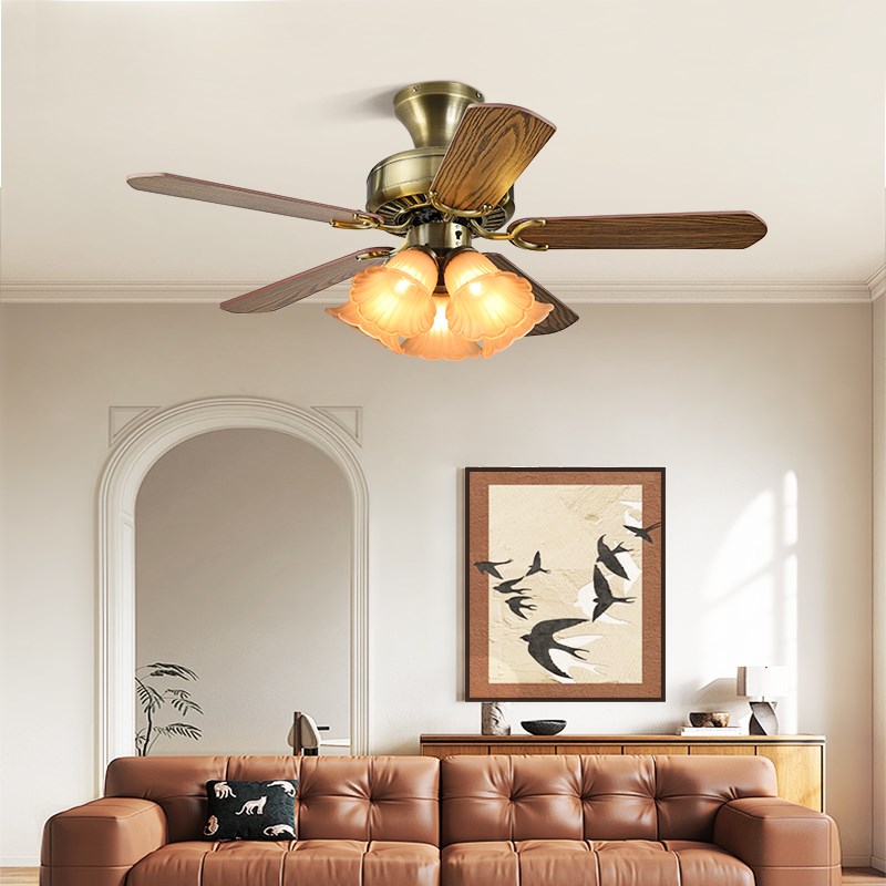 曙阳餐厅复古木叶卧室电风扇灯变频美式客厅中古风扇灯吸顶吊扇灯