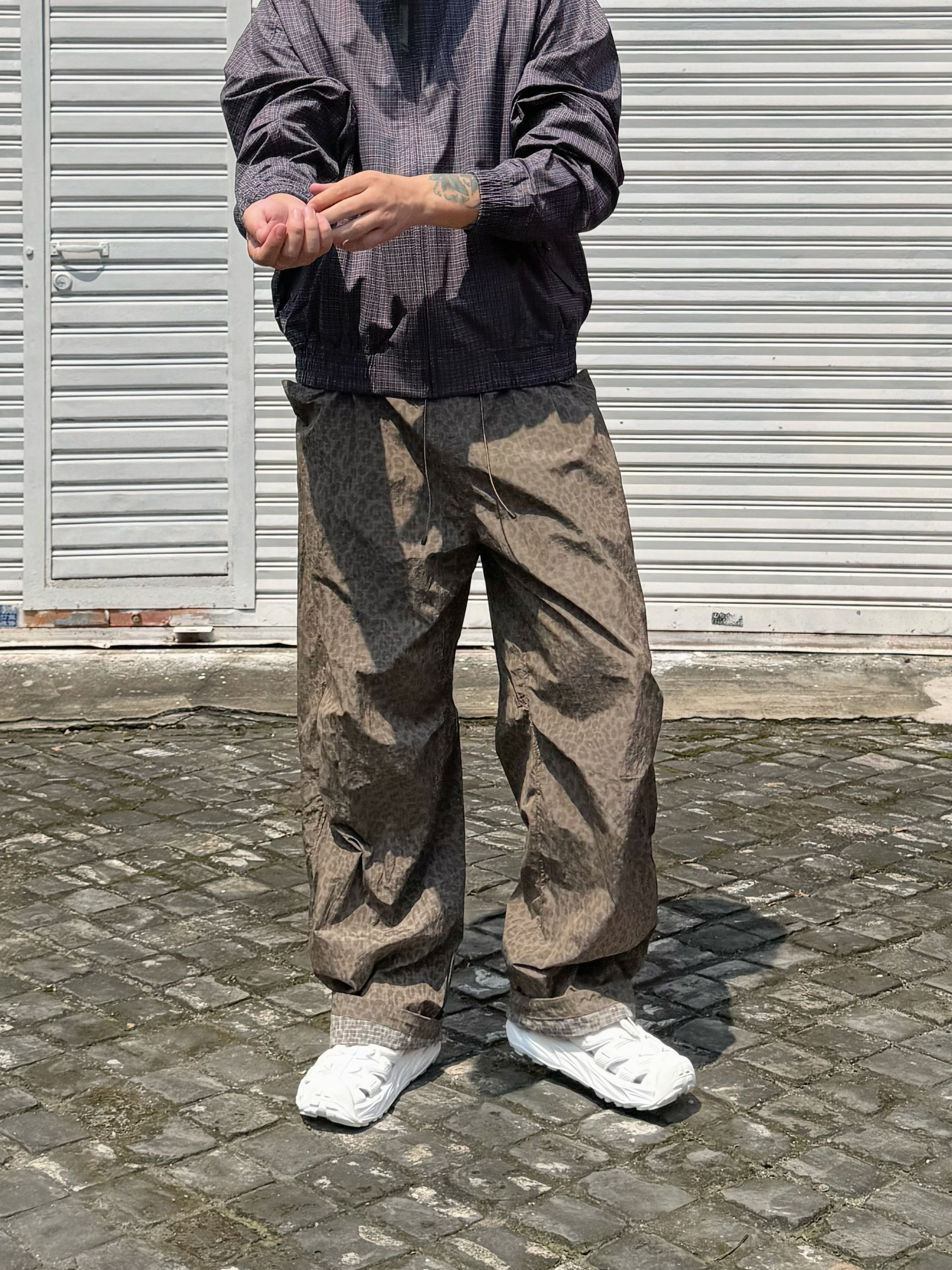 CLOURAFT日系豹纹复古长裤宽松直筒阔腿伞兵裤cityboy抽绳休闲裤