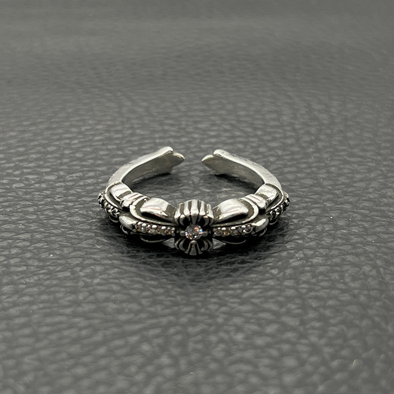 s925纯银克罗伈复古镶钻开口小十字花戒指男女指环经典款潮牌对戒