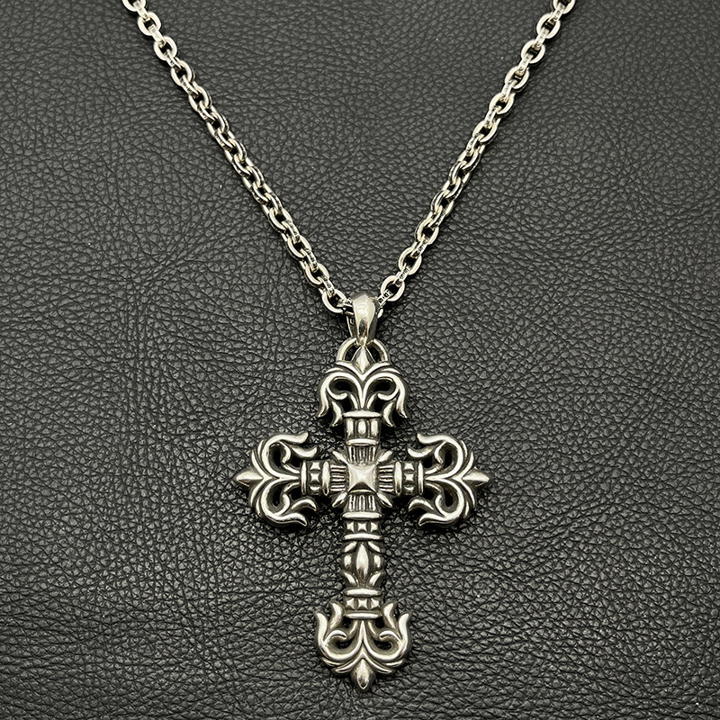 s925纯银克罗伈复古大号火焰十字架项链男欧美嘻哈个性吊坠毛衣链