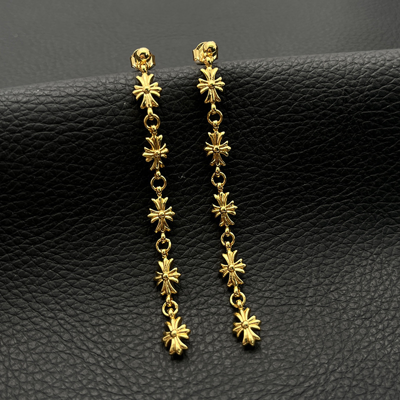 925纯银克罗伈22K金色十字花流苏耳钉男女小众复古五花十字架耳环