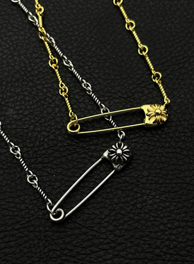 s925纯银克罗伈复古做旧22K金色别针项链男女锁骨链十字花毛衣链