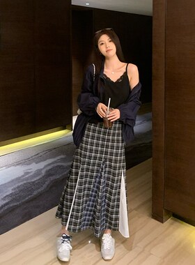 NAZ那子大码TR格子+棉底绣花不规则撞色A字裙胖mm洋气拼接半裙