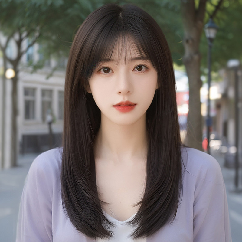 短发假发女全头套仿真发自然夏天中E长发减龄无痕锁骨发黑色假发