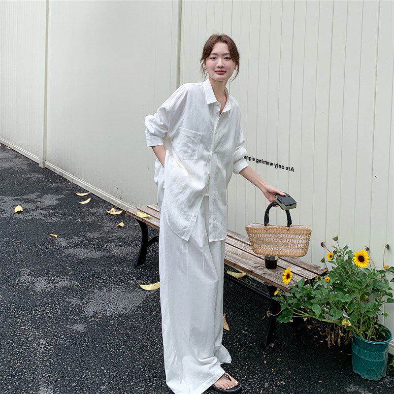 白色高级感老钱风套装女夏2026新款长袖衬衣蕾R丝马甲阔腿裤两件