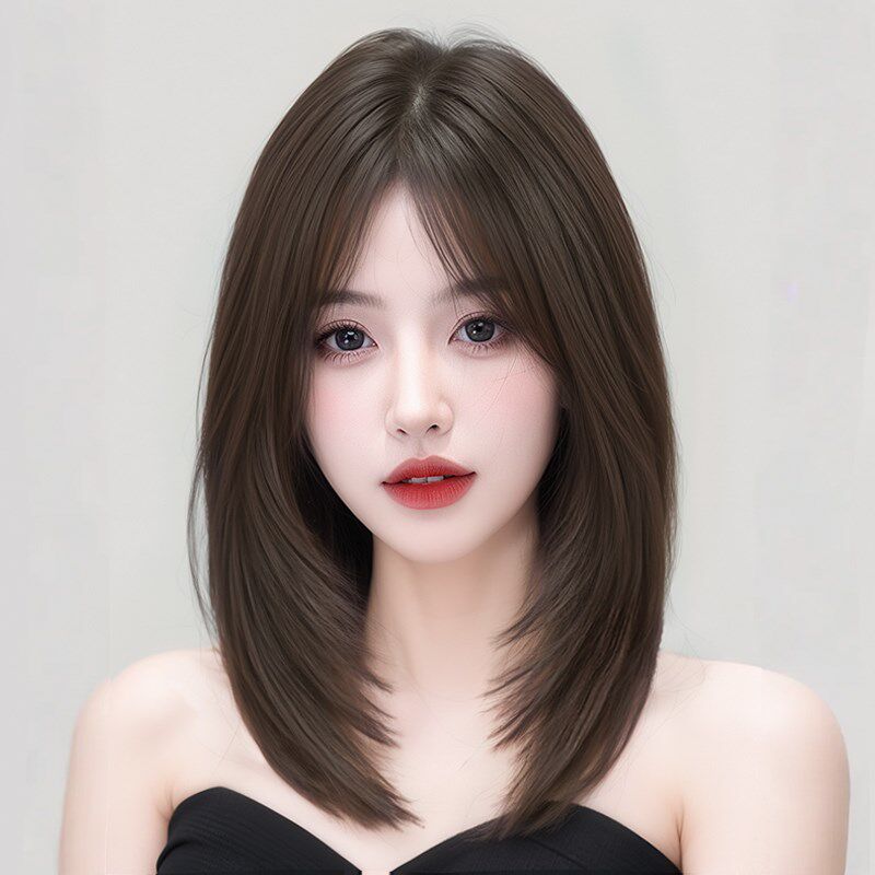 短发假发女全头套中分锁骨发仿真发前额蕾丝中长发日常Y整顶假发