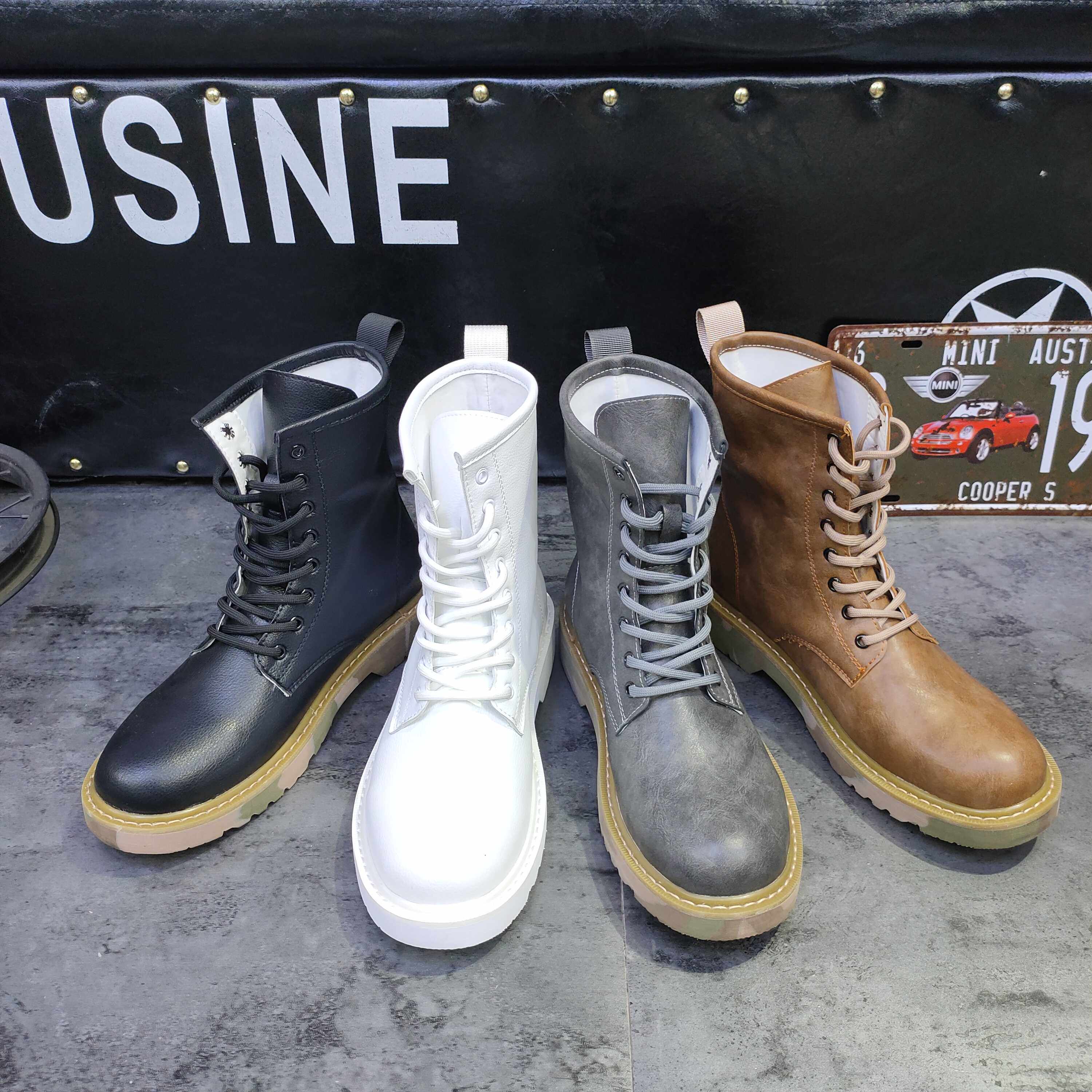 网红马丁靴男高帮英伦风2025新款春秋百搭厚底机车工装小白皮靴子