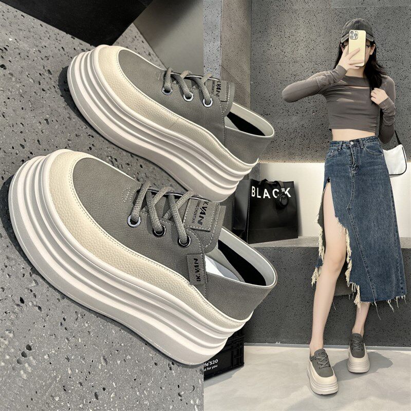 厚底松糕鞋女2025新款秋季配z阔腿裤一鞋两穿懒人鞋内增高小白鞋