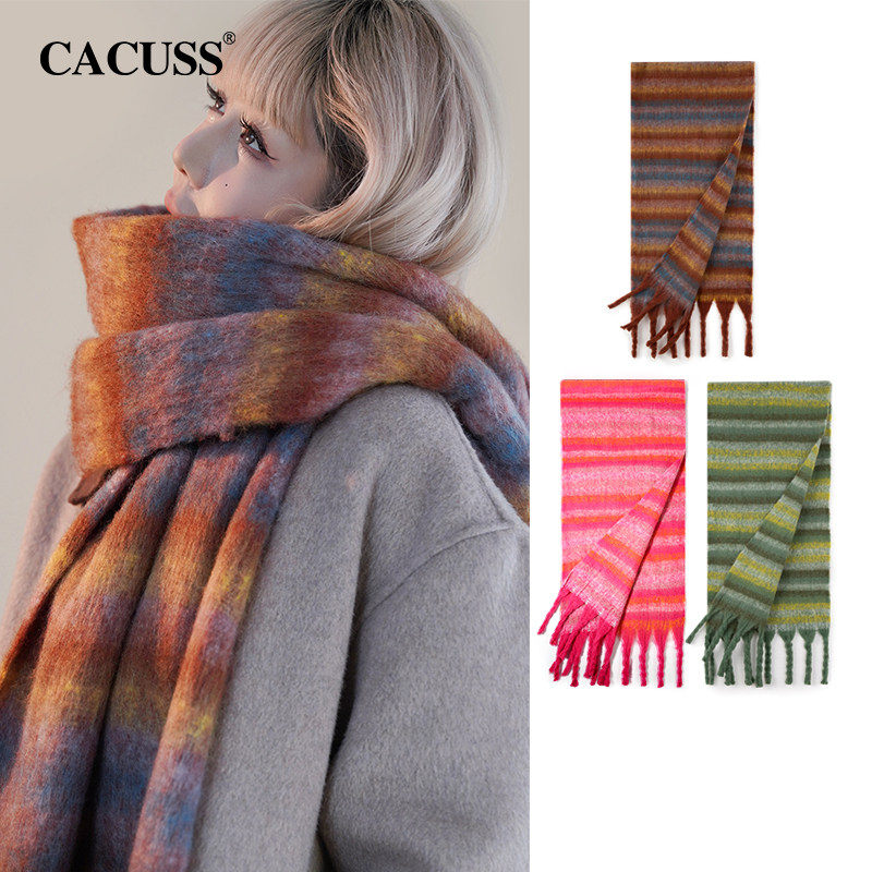 CACUSS围巾女秋o冬季新款百搭彩虹格子保暖围脖韩版披肩外搭高级