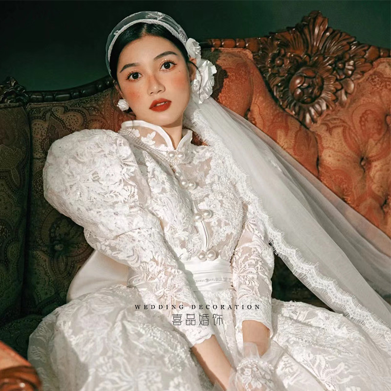 精致串珠花瓣蕾丝发箍双层包边头纱新娘结婚法式样片摄影跟妆旅拍