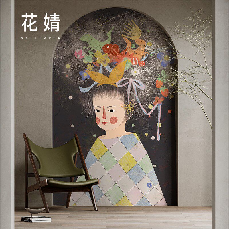 ins风个性抽象小女孩壁纸餐厅玄关墙布定制插R画影视墙纸艺术壁画