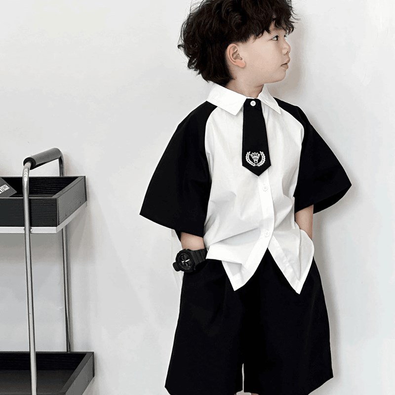 男童2024夏季新款儿童学院风黑白衬衫套装中小童简约个性两件套潮