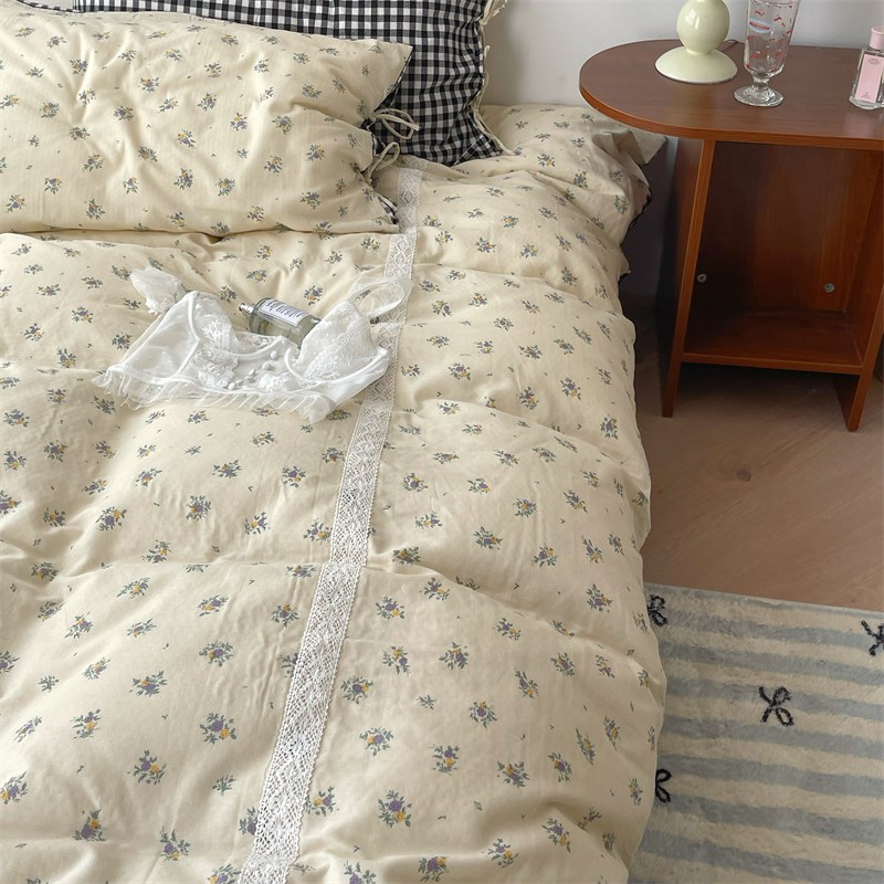 梨梦 柏林花事 韩系纯棉双层纱水洗棉四件套全棉床单被套床上用品