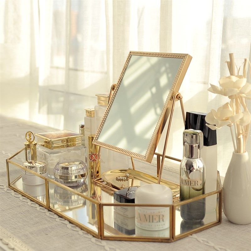 欧式简约台式化妆镜欧式梳妆结婚公主复古镜随身便携美容单面镜