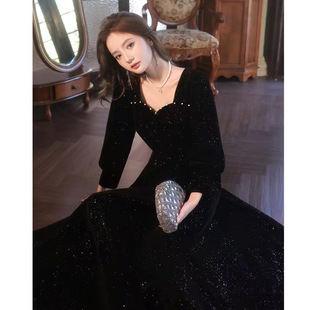 黑色法式晚礼服裙成人礼女生轻奢小众主持人连衣裙高级感演出服女
