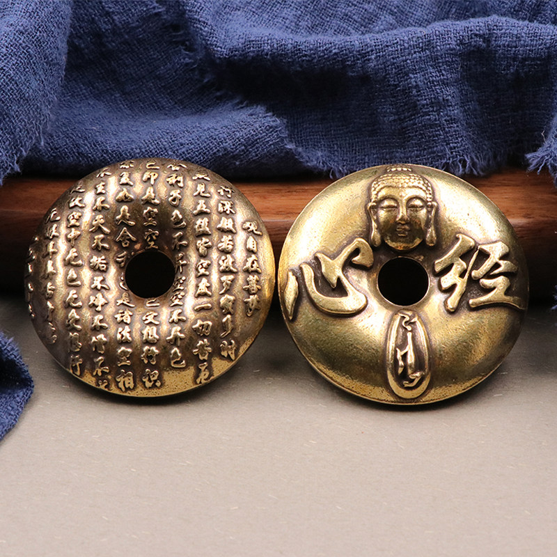 纯黄铜雕铸心经佛头平安扣镇纸实心铜圈手把玩铜艺铜饰摆件装饰