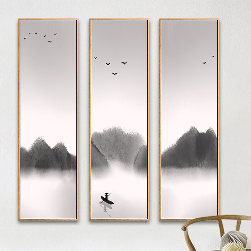 新中式客厅沙发背景墙竖幅长条三联画酒店玄关意境风景挂画有框画