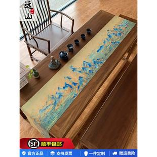 禅意桌布轻奢大茶桌长条布艺桌旗定制 千里江山棉麻茶席防水新中式