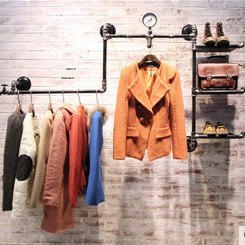 仿古做旧铁艺水管服装展示架壁挂实木板挂衣架鞋包货架陈列架包邮