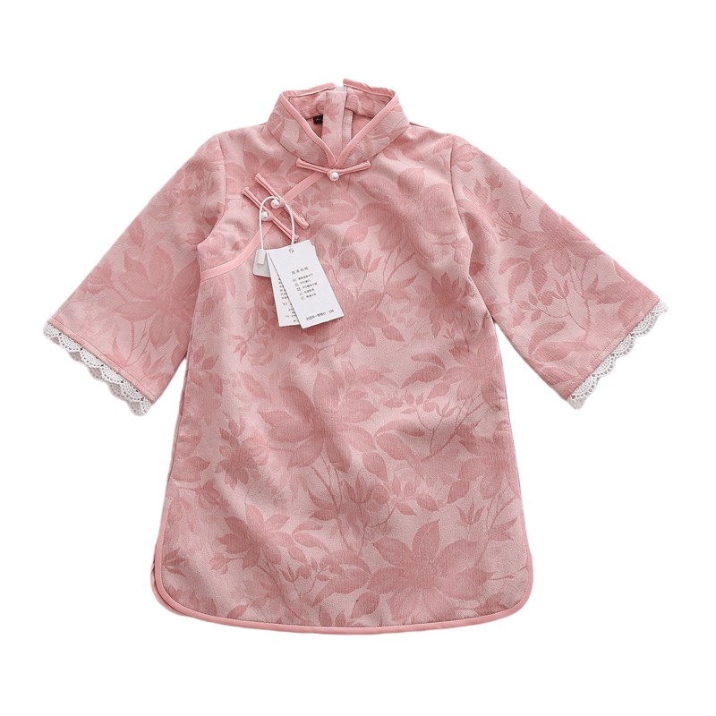 女童粉色宽松旗袍中国风女宝花边中袖连衣裙子2024春秋新款童装