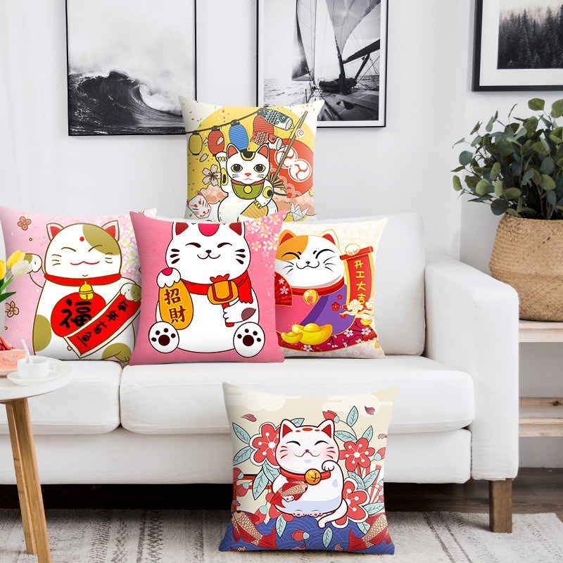卡通招财猫红色喜庆抱枕套沙发靠垫汽车腰枕家居抱枕含芯