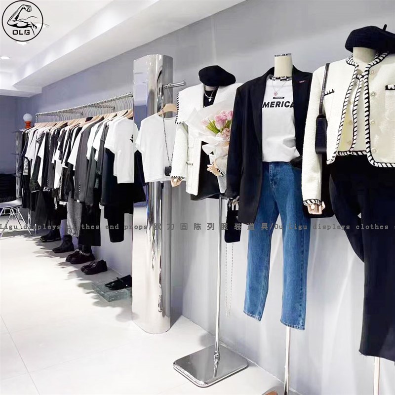 服装店展示陈列靠墙不锈钢架子女装童装挂衣落地上墙货架设计定制