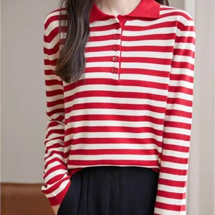 纯棉POLO领条纹t恤女长袖 弹力宽松显瘦撞色翻领上衣 针织毛衣秋季