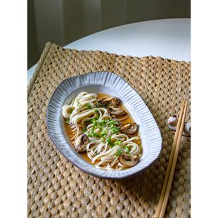 陶瓷餐具不对称椭圆板家用纯色手揉矩形板高值灰白色压花板
