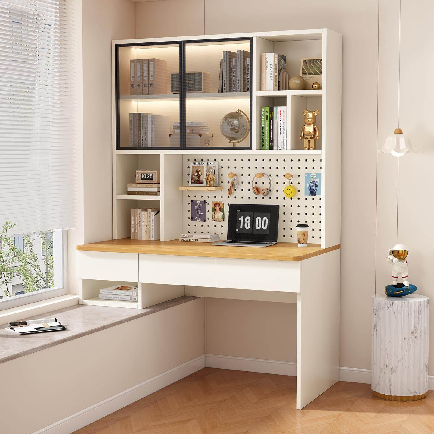 实木书桌书架一体家用卧室飘窗化妆台办公桌学生学习书桌电脑桌