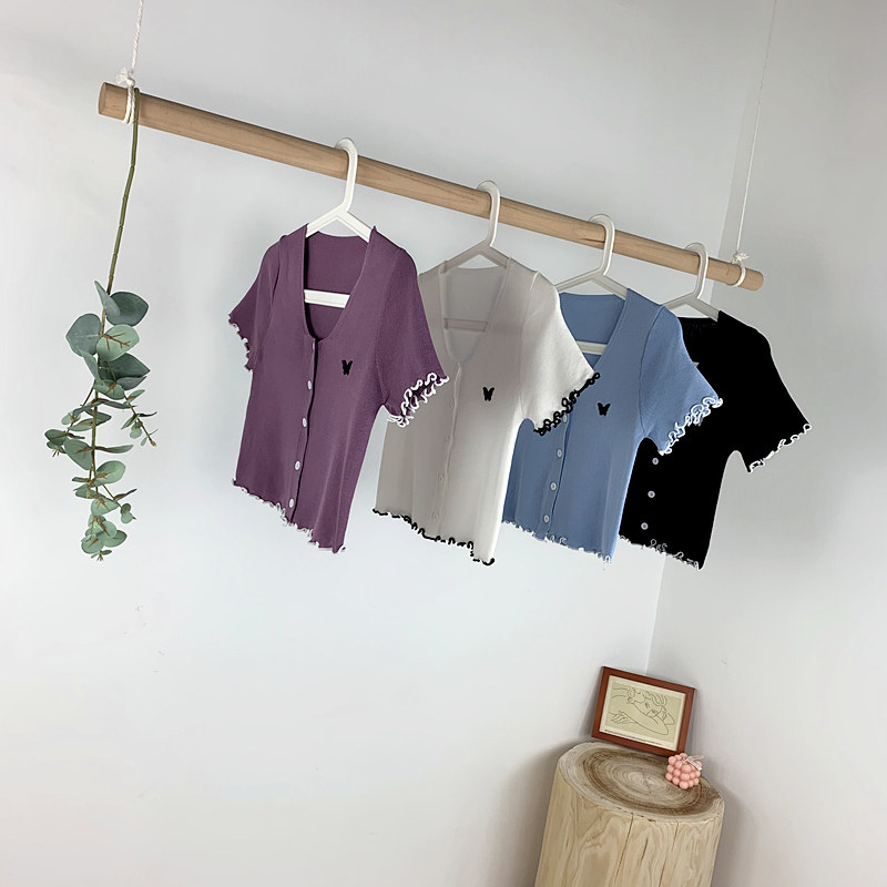 紫色蝴蝶高腰上衣短袖2020夏季新款女修身短款针织外搭开衫薄款