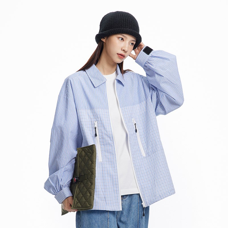STRIIS窗外景拼接格子薄款拉链衬衫宽松休闲百搭翻领长袖轻薄外套