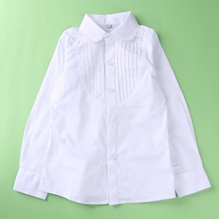 女童白衬衣春秋长袖 纯棉学院风上衣 花边小学生校服儿童纯白色衬衫