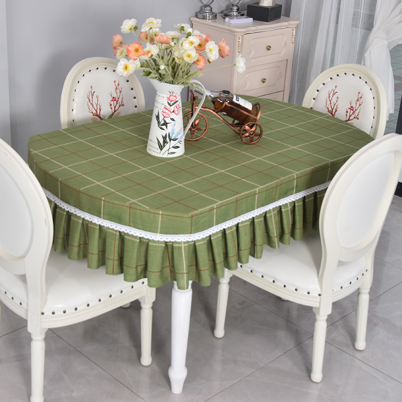 长椭圆形桌布餐桌家用白色方格布艺全包荷叶边弧形圆桌收缩桌罩套