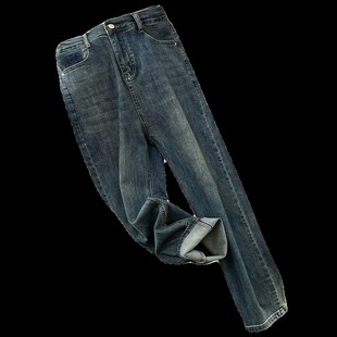 胖mm高腰显瘦休闲半口袋直筒九分裤 高弹力百搭哈伦牛仔裤 女装 大码