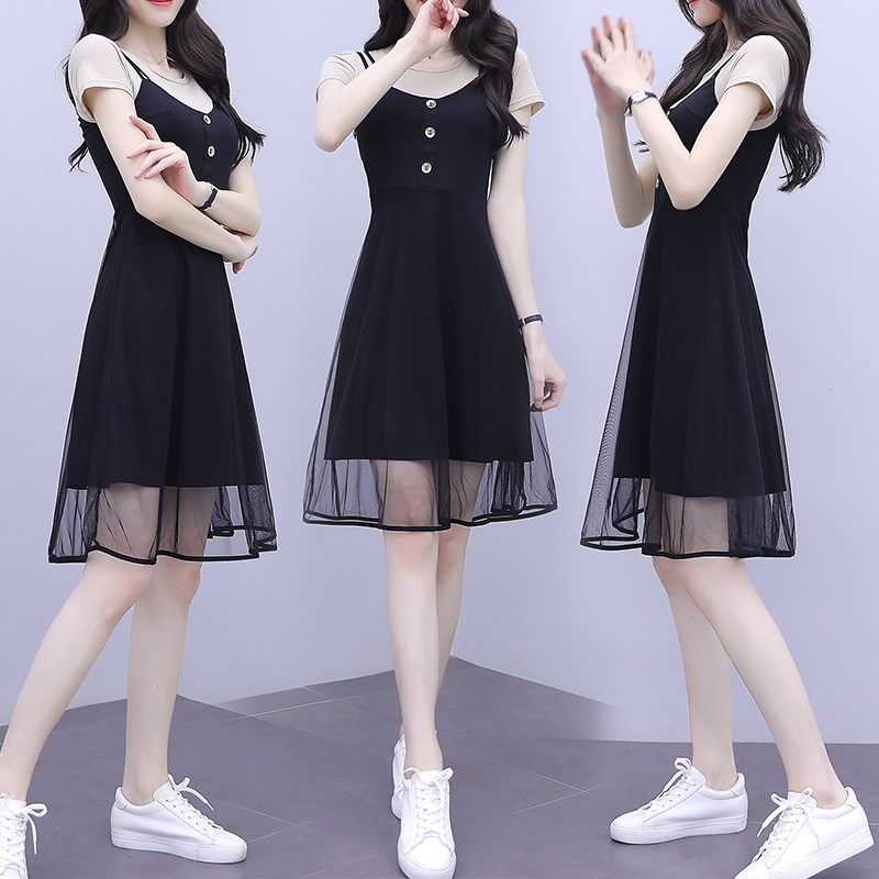 胖MM拼接假两件大码女装连衣裙女2025夏季新款遮肚显瘦网纱裙子女