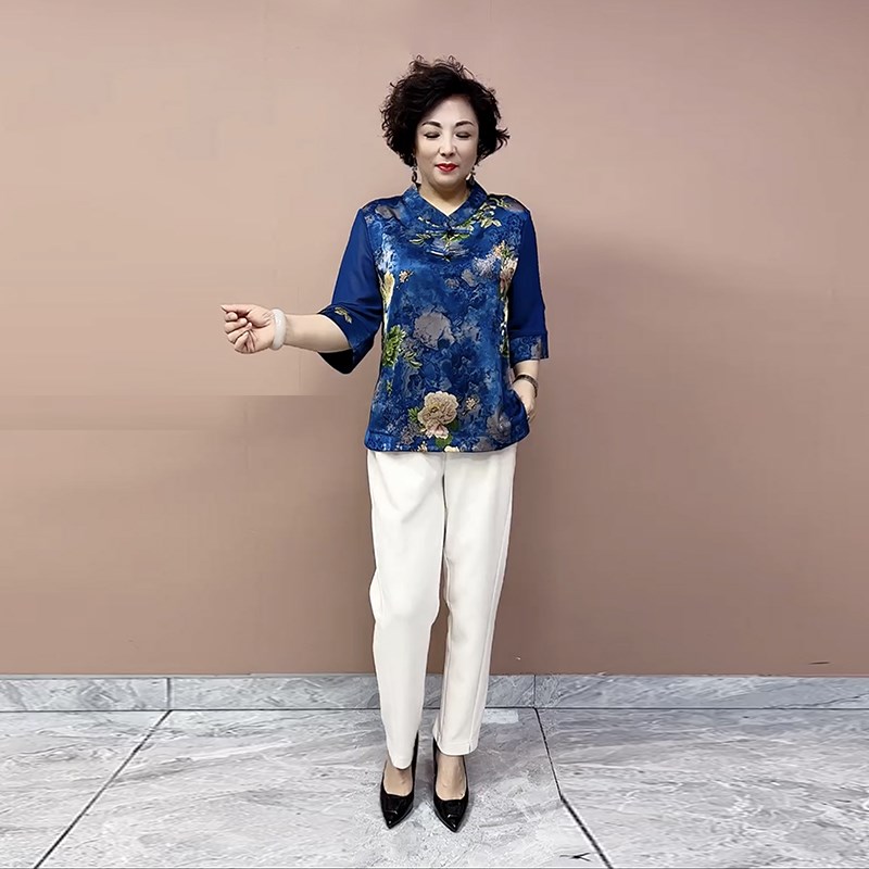 中式妈妈旗袍上衣夏季新款中袖立领盘扣真丝繁花似锦大码显瘦衬衫